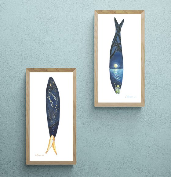 Love under the Sardines Constellation 20x42cm (8x16.5in). Two moonlight mojitos 20x42cm (8x16.5in). Set from the series My Sardines / ORIGINAL art Fish picture