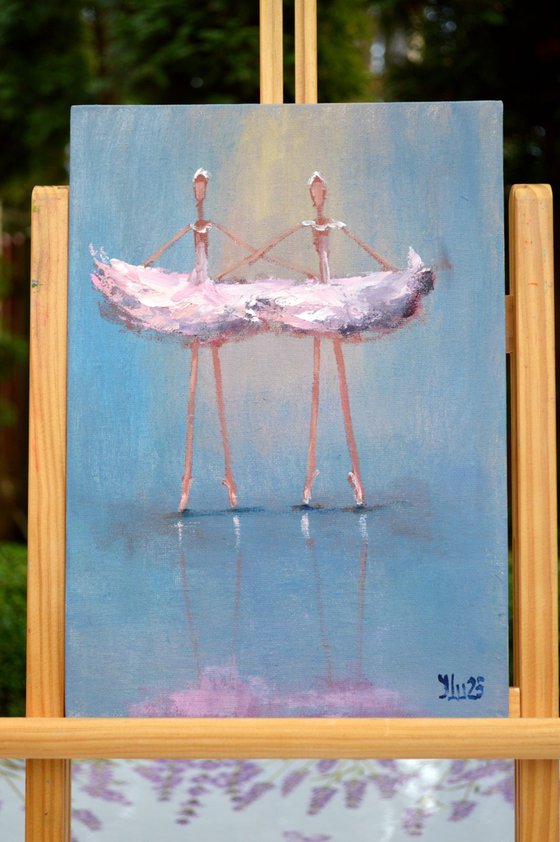 2 Funny pink ballerinas. Miniature impasto.