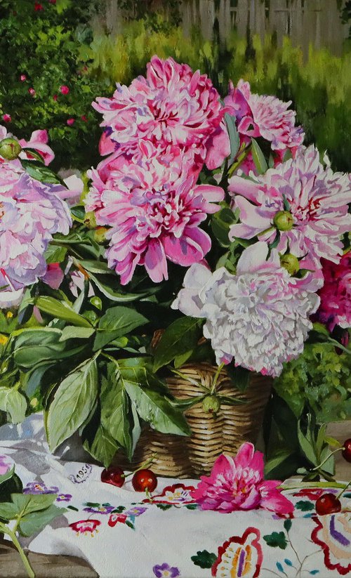 Pink peonies in a basket by Natalia Shaykina