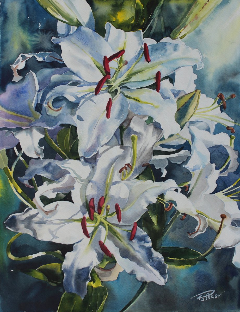 Photorealistic Botanical Watercolour By Yurii Pashkov, 15 X 20", White Lilies #3, Original Artwork