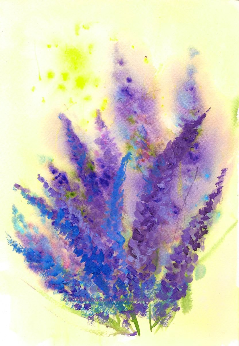 Lavender flowers - liGHt floral painting Acrylic on paper 10x 7 Gift for her by Asha Shenoy