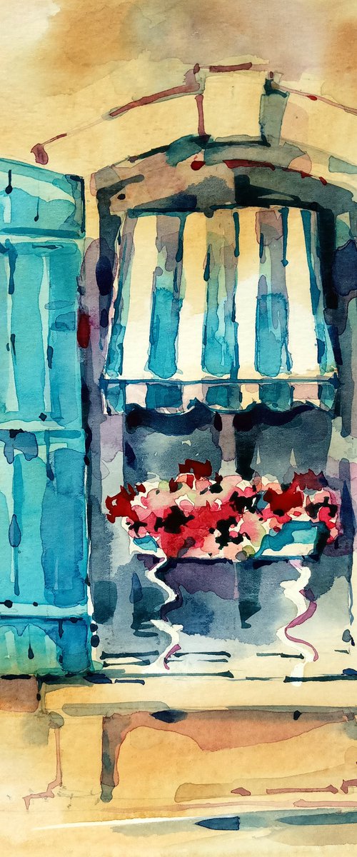 Urban romantic landscape "Window with flowers in Provence" original watercolor artwork in square format by Ksenia Selianko