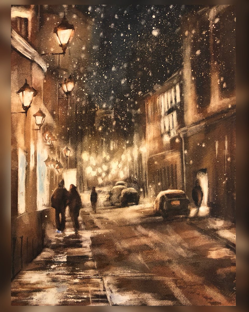 Impressionistic Landscape Watercolour By Alina Karpova, 12 X 16, Snowy Evening, Original Artwork