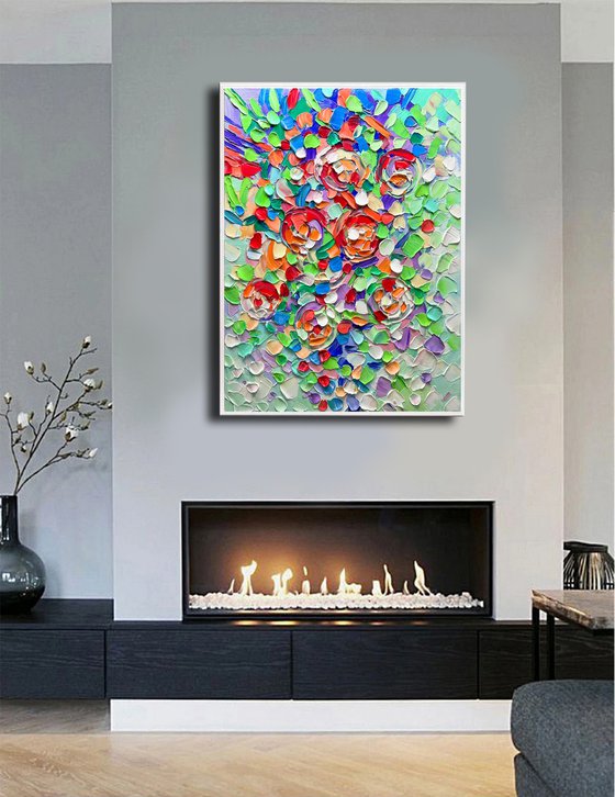 Roots of Love - 3D Textured Abstract Flowers Painting on Canvas, Original Green Red Blue Nature Textured Tree Painting - SIZE: 24 X 32 INCHES (60 X 80 CM)