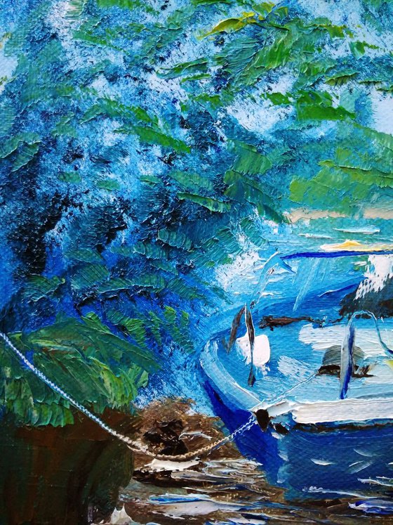 Fishing boat on the river. Plein air painting