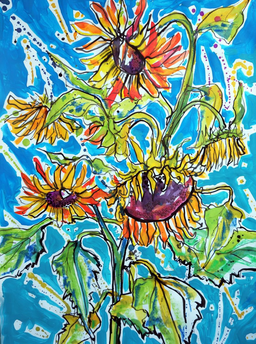 Sunflowers on Blue by Julia Rigby