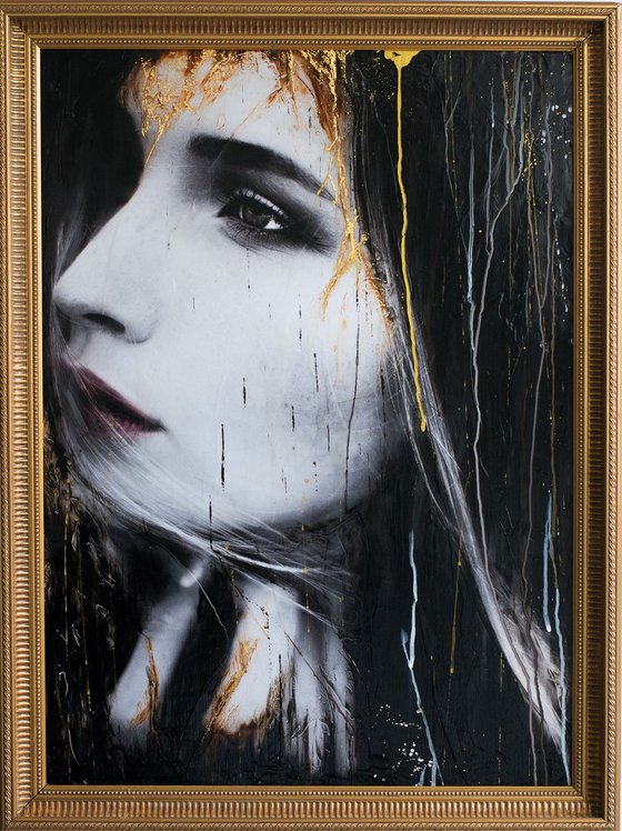 "Thoughts & Dreams" (85x63x4,5cm) - Unique portrait artwork on wood (abstract, portrait, gold, original, resin, beeswax, painting)