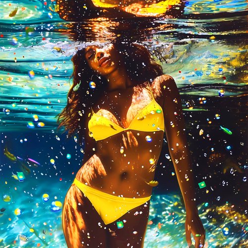 Beautiful black african american woman in a yellow bikini under water in the swimming pool, sea, ocean with blue turquoise color waves with bright sun glares. Female portrait artwork, sexy body figure woman. Positive relax holiday colorful wall art home decor by BAST