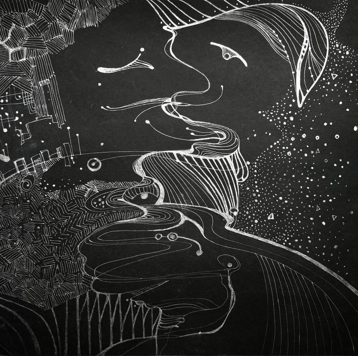 Expressive Landscape Drawing By Mari Skakun, 12 X 12", We Are The Universe, Original Artwork