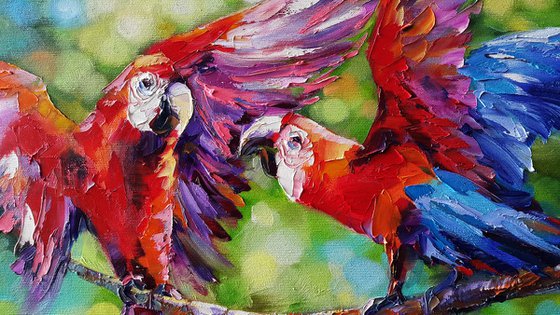 Parrots - oil original painting palette knife on canvas