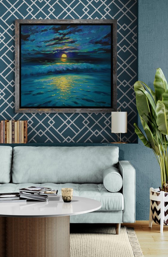 Moonrise in blue over sea