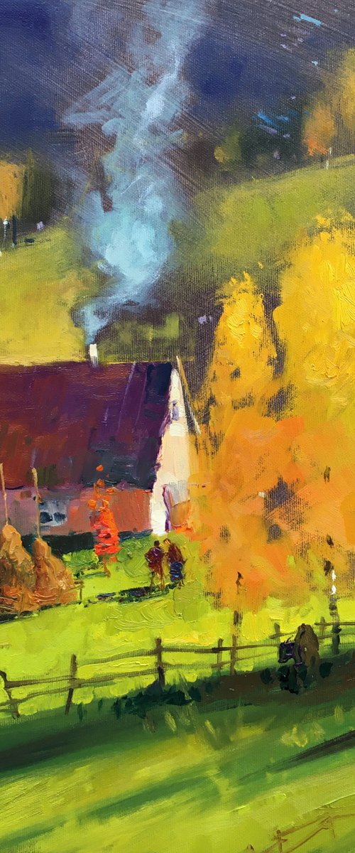 Oil on canvas painting Autumn landscape with trees and house in mountains by Andrii Kovalyk