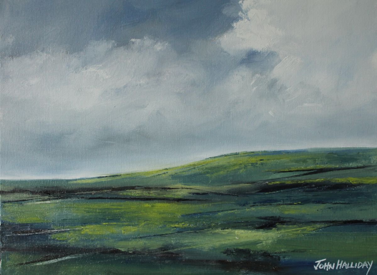 Impressionistic Landscape Oil Painting By John Halliday, 16 X 12, High Ground And Clouds, Original Artwork