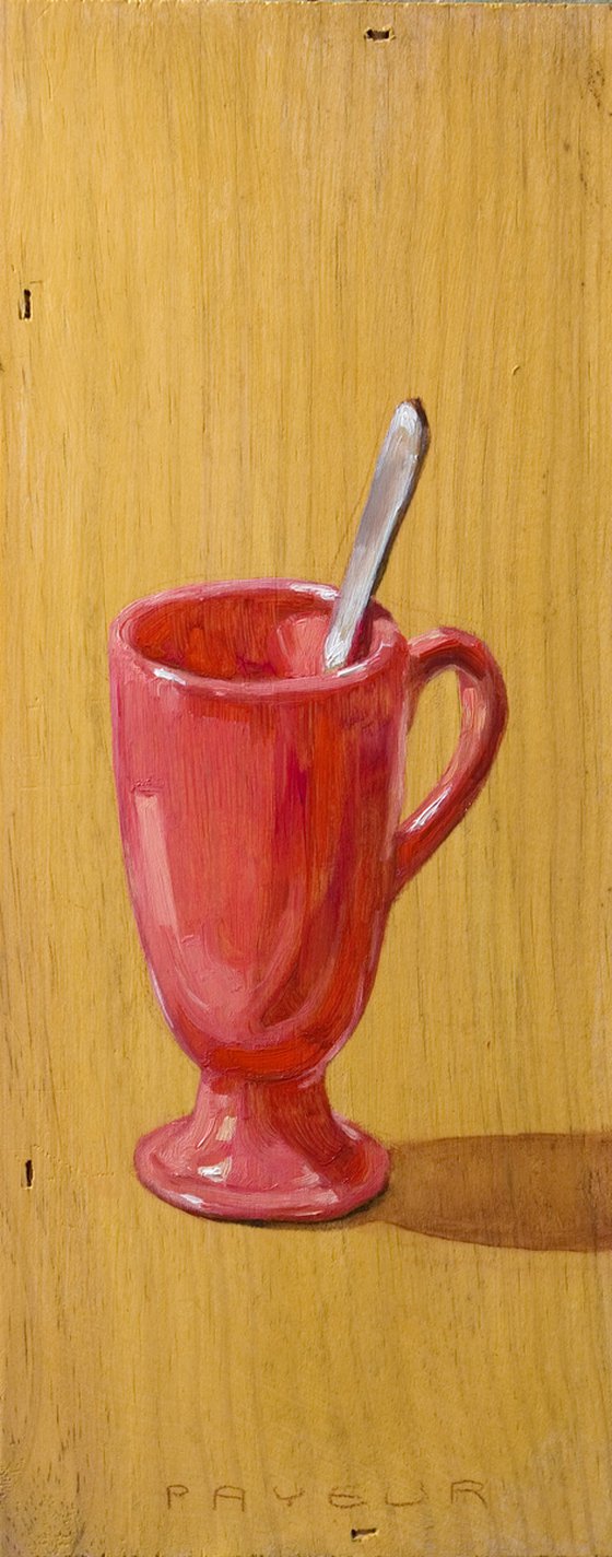 modern still life of a pink pot on a real board