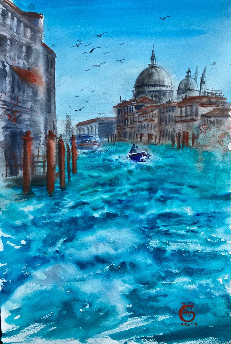 Impressionistic Landscape Watercolour By Valeria Golovenkina, 15 X 22", Teal Grand Canal, Original Artwork