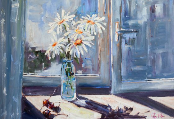 Light at home. Daisies still life with cherries.