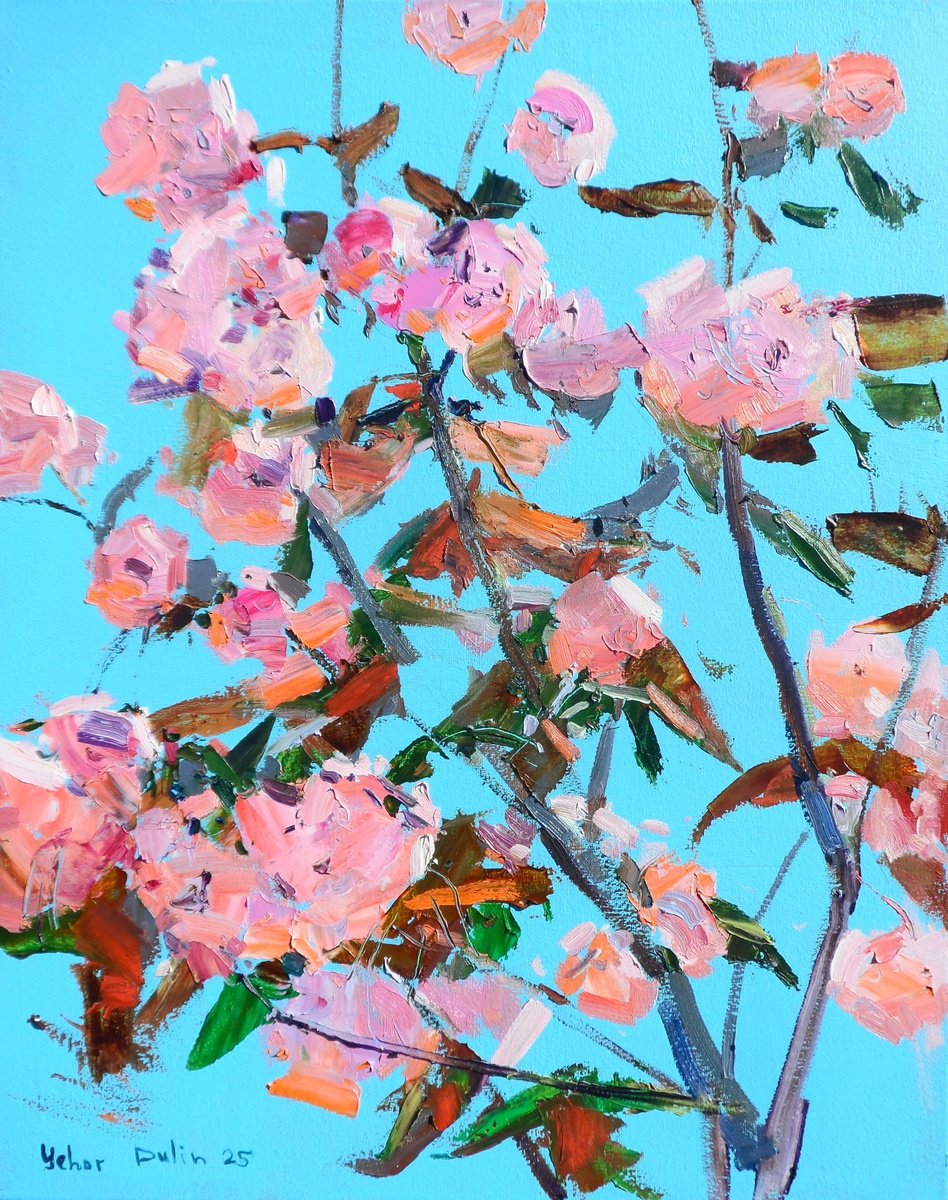 Expressive Botanical Oil Painting By Yehor Dulin, 16 X 20", " Sakura", Original Artwork
