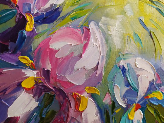 Irises in the garden - flowers, oil painting, irises flowers, gift idea, gift for woman