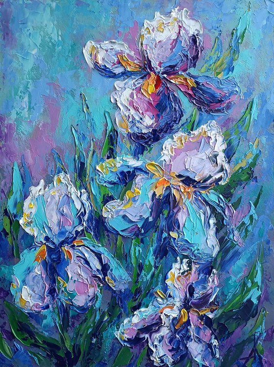 Irises and blue sky- flowers, oil painting, irises flowers, gift idea, flowers oil painting, flowers art, gift for woman
