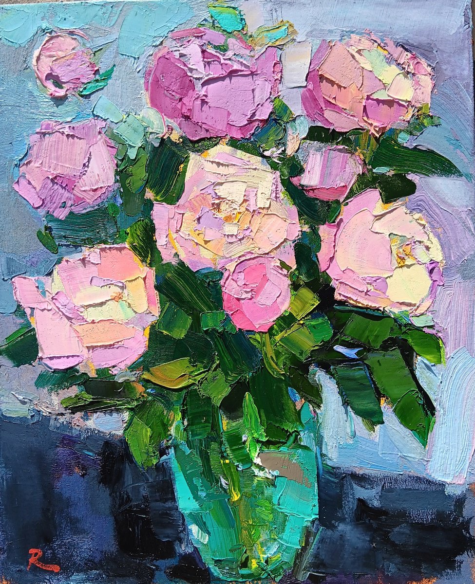 Impressionistic Botanical Oil Painting By Ruslan Khais, 18 X 22", Peonies, Original Artwork