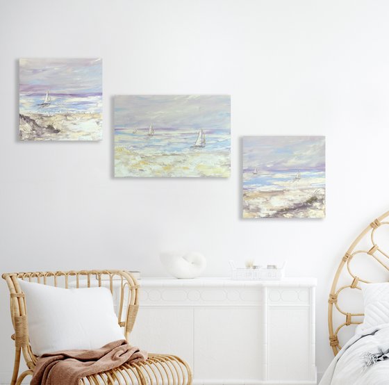 COZY PRIVACY - Element. Ships. Marine theme. Pastel shades. Waves. Coast. Sunset.