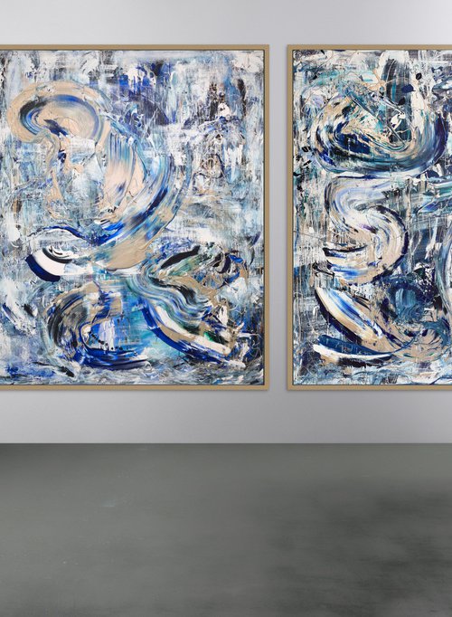 Gold And Blue Abstract Large Diptych - Peninsula by Annette Spinks
