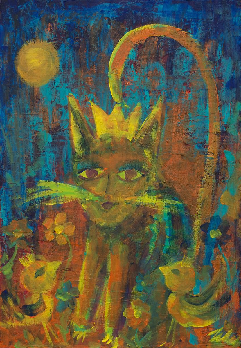 Naive Animal Acrylic Painting By Peter Zelei, 13 X 20", Cat-Like Creature, Original Artwork