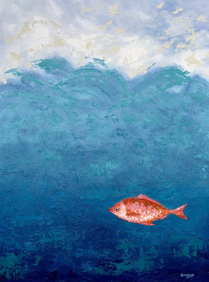 Impressionistic Landscape Acrylic Painting By Lisbeth Ascanio, 36 X 48", "Fish In My Abstract Ocean", Original Artwork