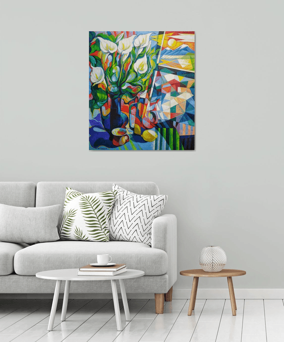 Still life with callas(80x90cm, cubism, oil painting, ready to hang)