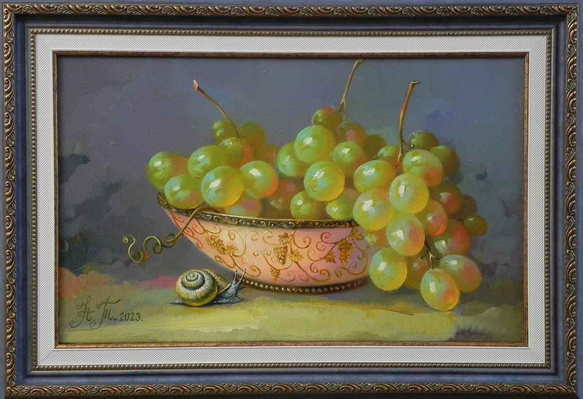 Photorealistic Still Life Oil Painting By Tetiana Novikova, 19 X 13", "Grapes", Original Artwork