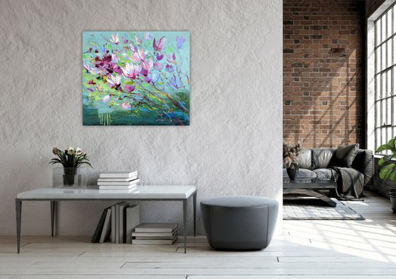 Magnolia on green blue 70x80