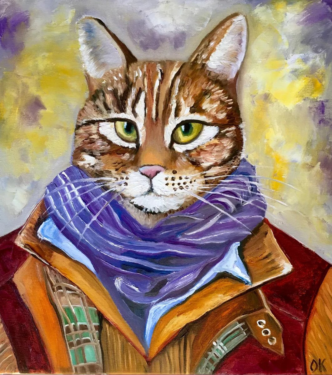 Impressionistic Animal Oil Painting By Olga Koval, 16 X 18", The Cat Dressed For A Walk, Original Artwork