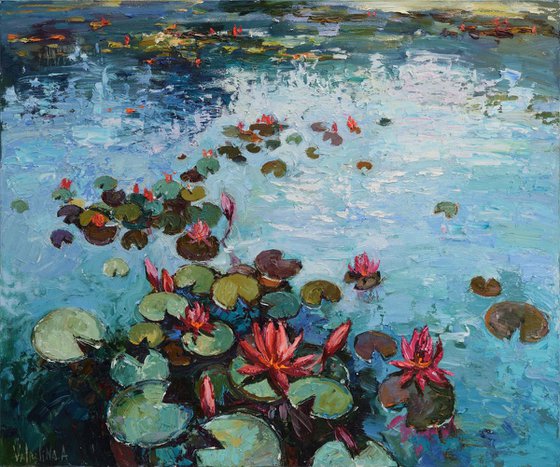 Pink water lilies Oil painting 90 x 75 cm