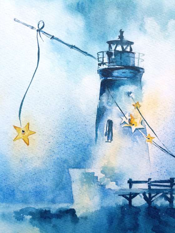 "Evening lighthouse " Original seascape watercolor painting