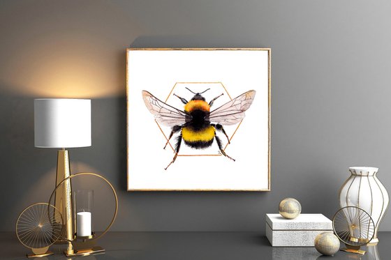 Bee Painting, Bumblebee Wall Art, Bee Original Watercolor Painting, Square Art