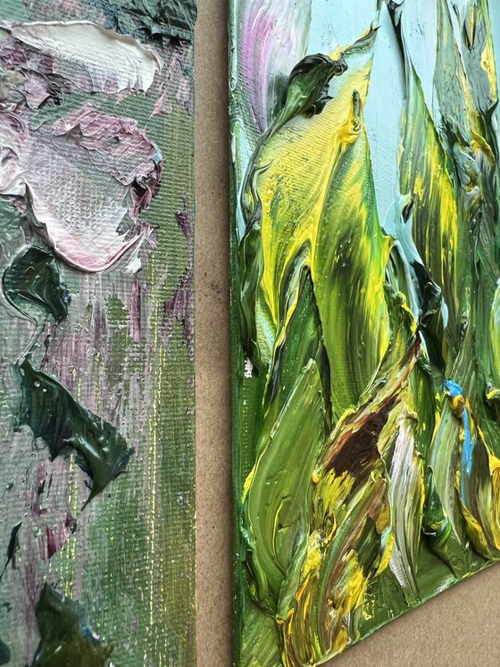 GREEN LEAVES - Small Art. Mini Art.  Impasto Original Art