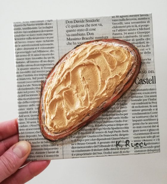 "Bread with Peanut Butter on Newspaper" Original Acrylic on Canvas Board Painting 6 by 6 inches (15x15 cm)