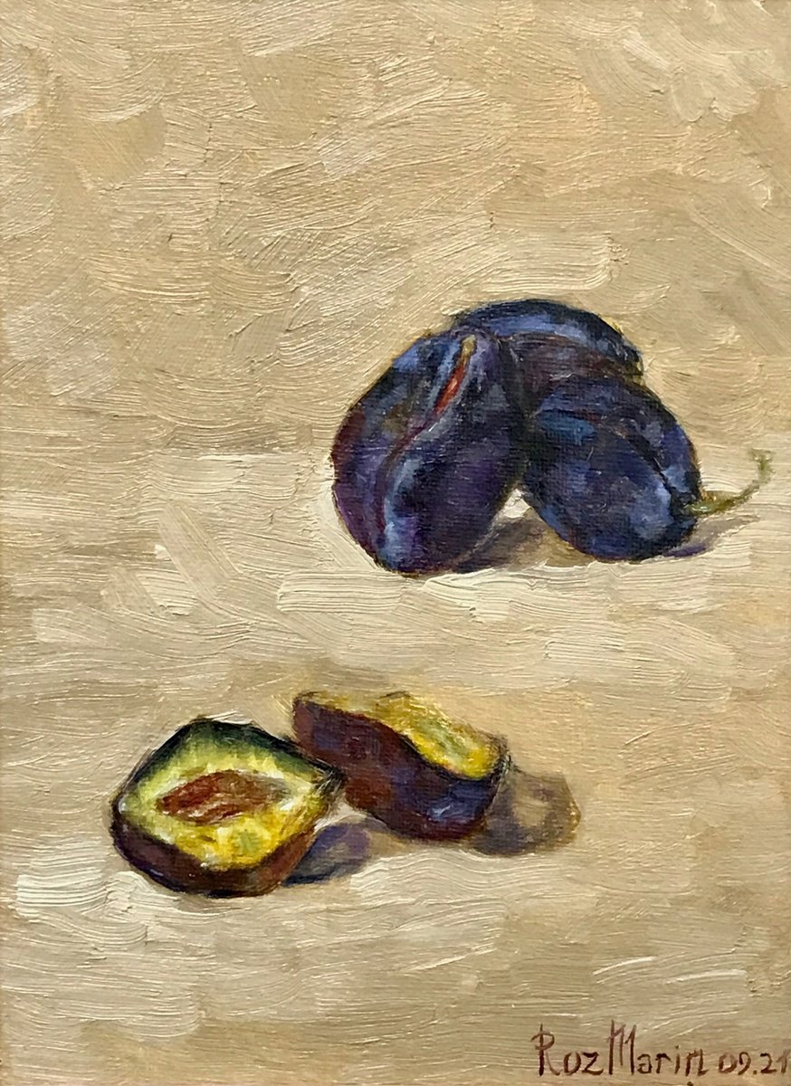 Photorealistic Still Life Oil Painting By Marina Deryagina, 9 X 11", Plums, Original Artwork