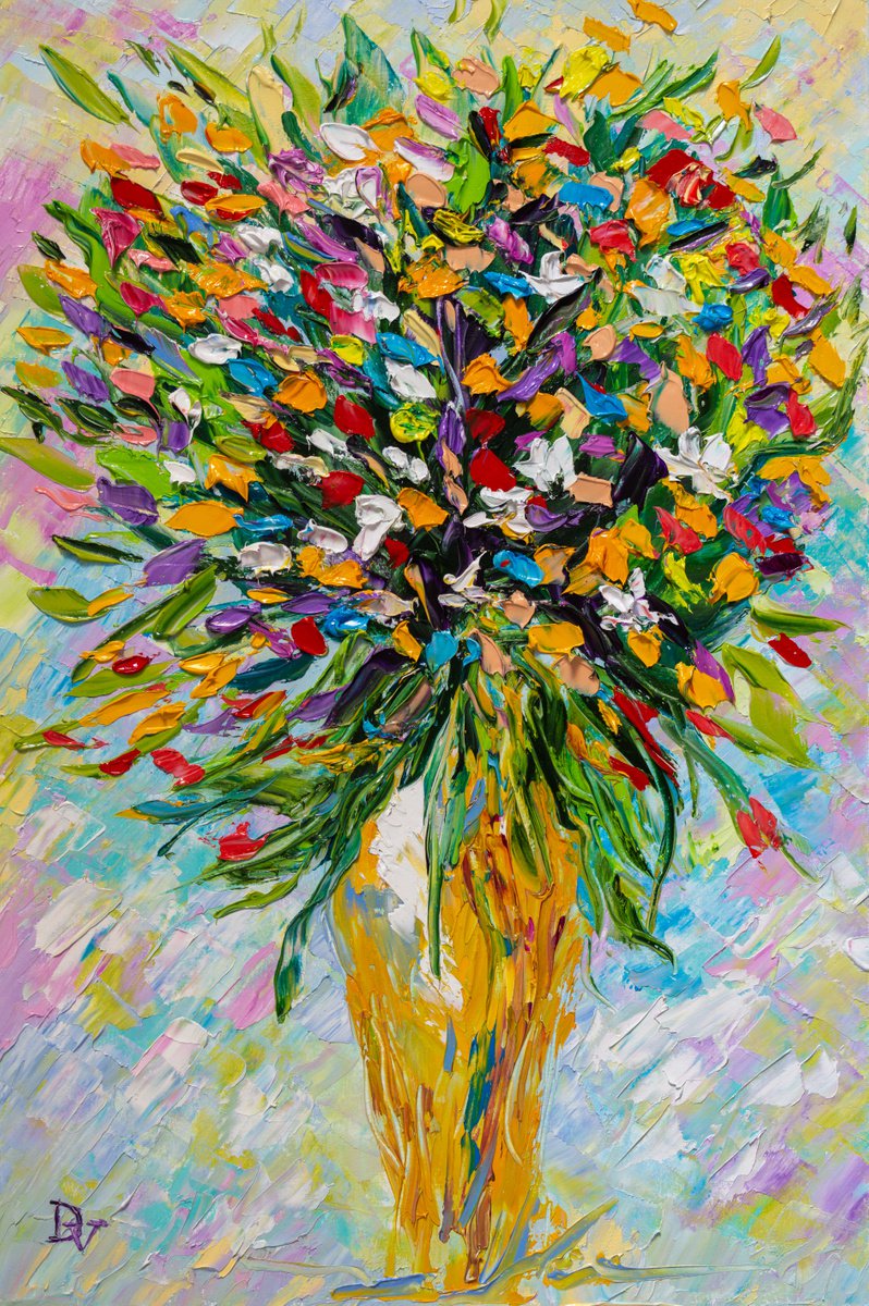 Impressionistic Botanical Oil Painting By Vladyslav Durniev, 16 X 24", Colorful Bouquet, Original Artwork