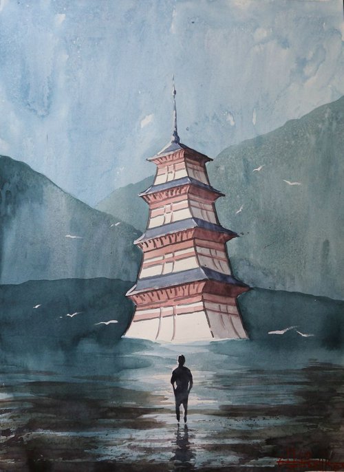 Lonely temple (2019) Watercolor 42*30cm by Eugene Gorbachenko