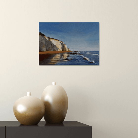 Original seascape beach with cliffs and sea Broadstairs oil painting on canvas.