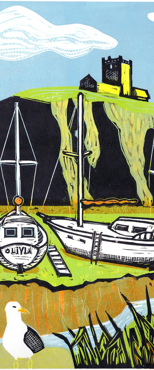 Boats at Uphill, Somerset. Limited Edition linocut by Fiona Horan