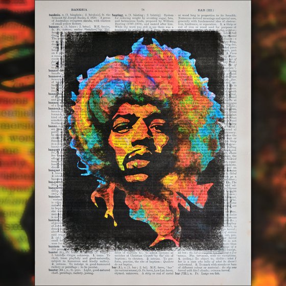 Jimi Hendrix - Collage Art on Large Real English Dictionary Vintage Book Page