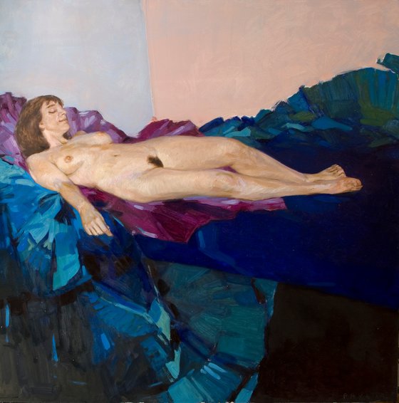 modern nude woman on a semi-abstract background