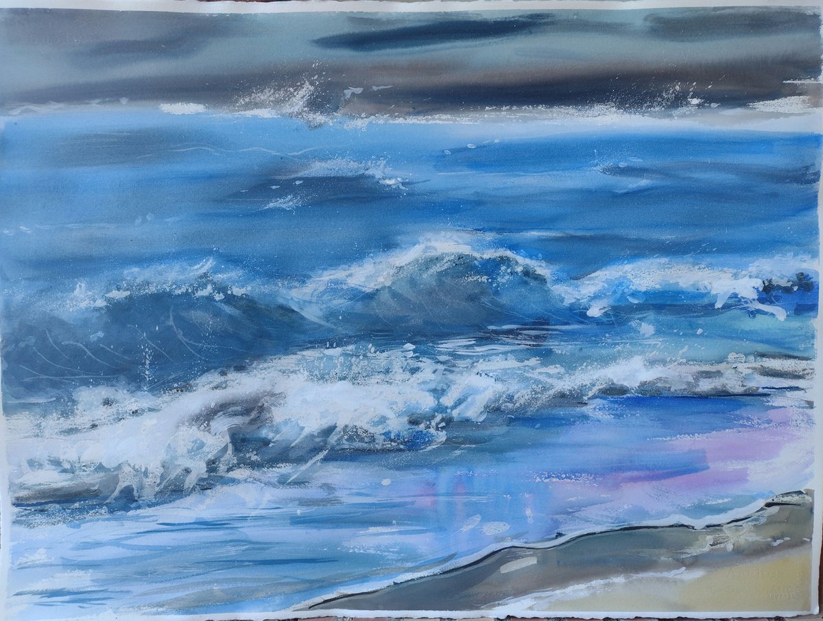 Impressionistic Landscape Watercolour By Marina Del Pozo, 30 X 22", Winter Sea, Original Artwork