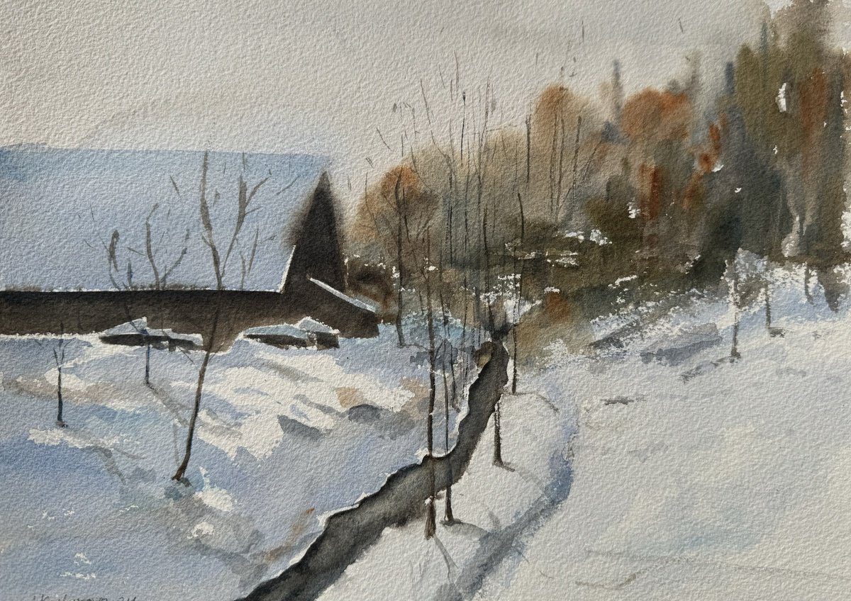 Impressionistic Landscape Watercolour By Liliia Kodunova, 14 X 10", Winter Landscape, Original Artwork