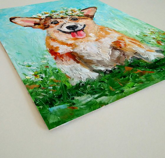 Summer Smile, Smiling Corgi Painting Original Art Dog Artwork Pet Portrait Floral Daisies Wreath Wall Art