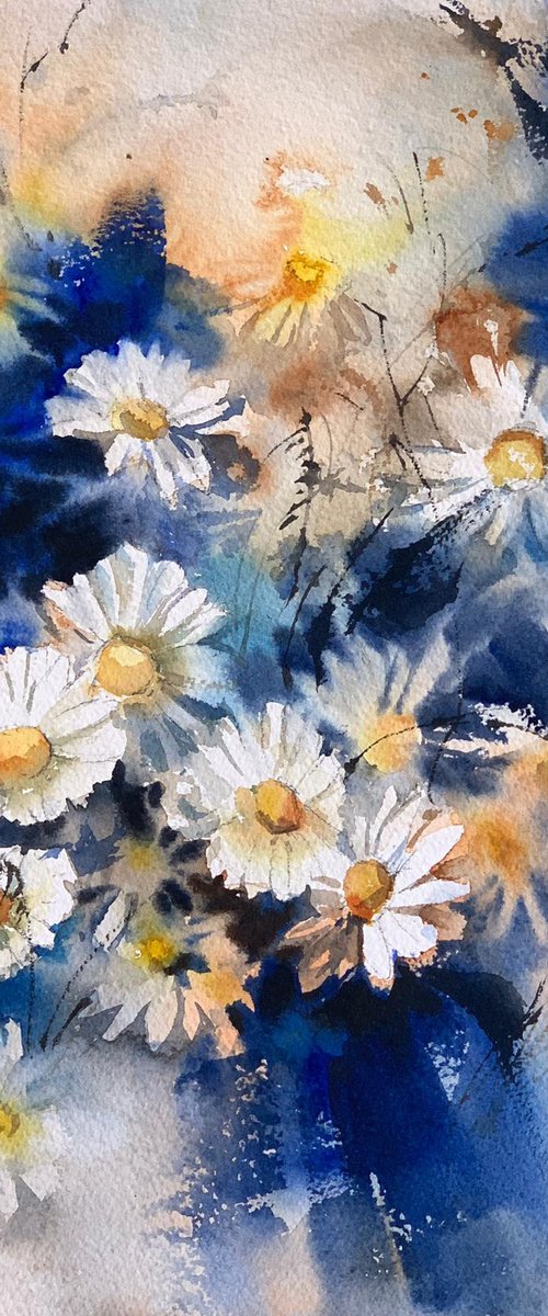 White Daisies Watercolor Painting by Sophie Rodionov