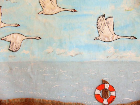 "Coming in to land" - large mixed media painting/collage on fabric