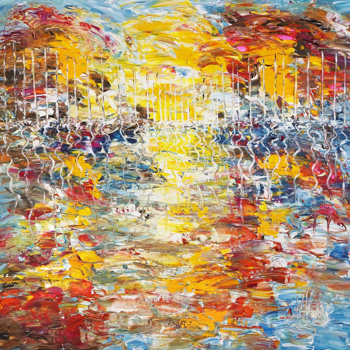 Abstract Acrylic Painting By Peter Nottrott, 39 X 39", Sailing Marina M 1, Original Artwork